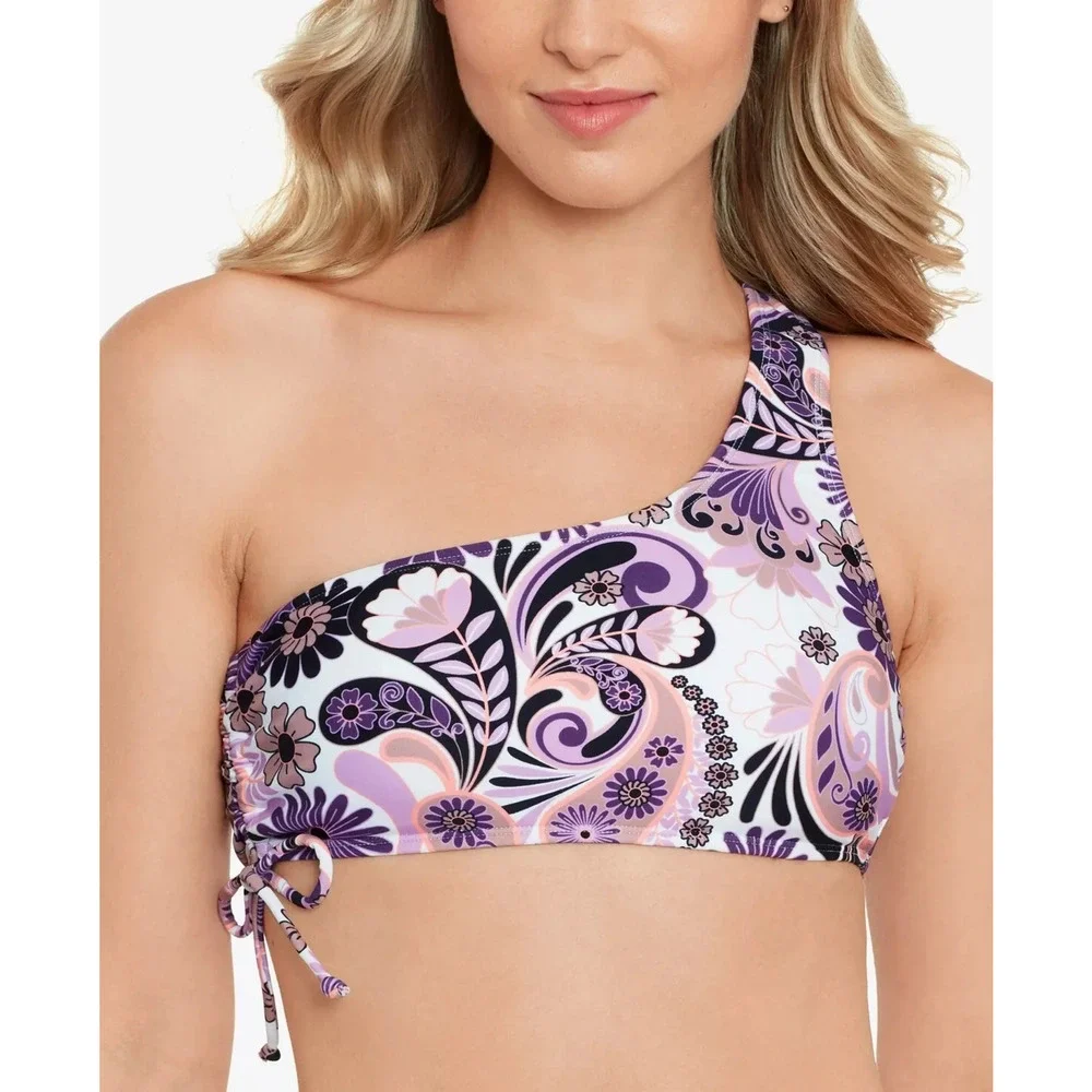 Salt + Cove Printed One-Shoulder Tie Side-Shirred Bikini Top Juniors XS Multi